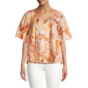 Ginger Smart Womens Silk Cotton Blouse Sz 14 Orange Flutter Sleeve Abstract Top